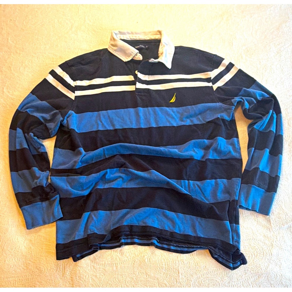 VTG Nautica Men's XL Regular Navy/Blue/White Striped Knit Cotton LS Button Rugby